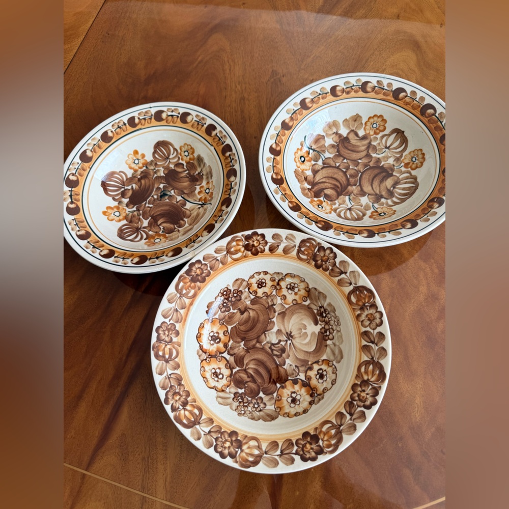 Vintage Włocławek  Floral Stoneware SOUP Plates in Brown and Cream - Set of 3